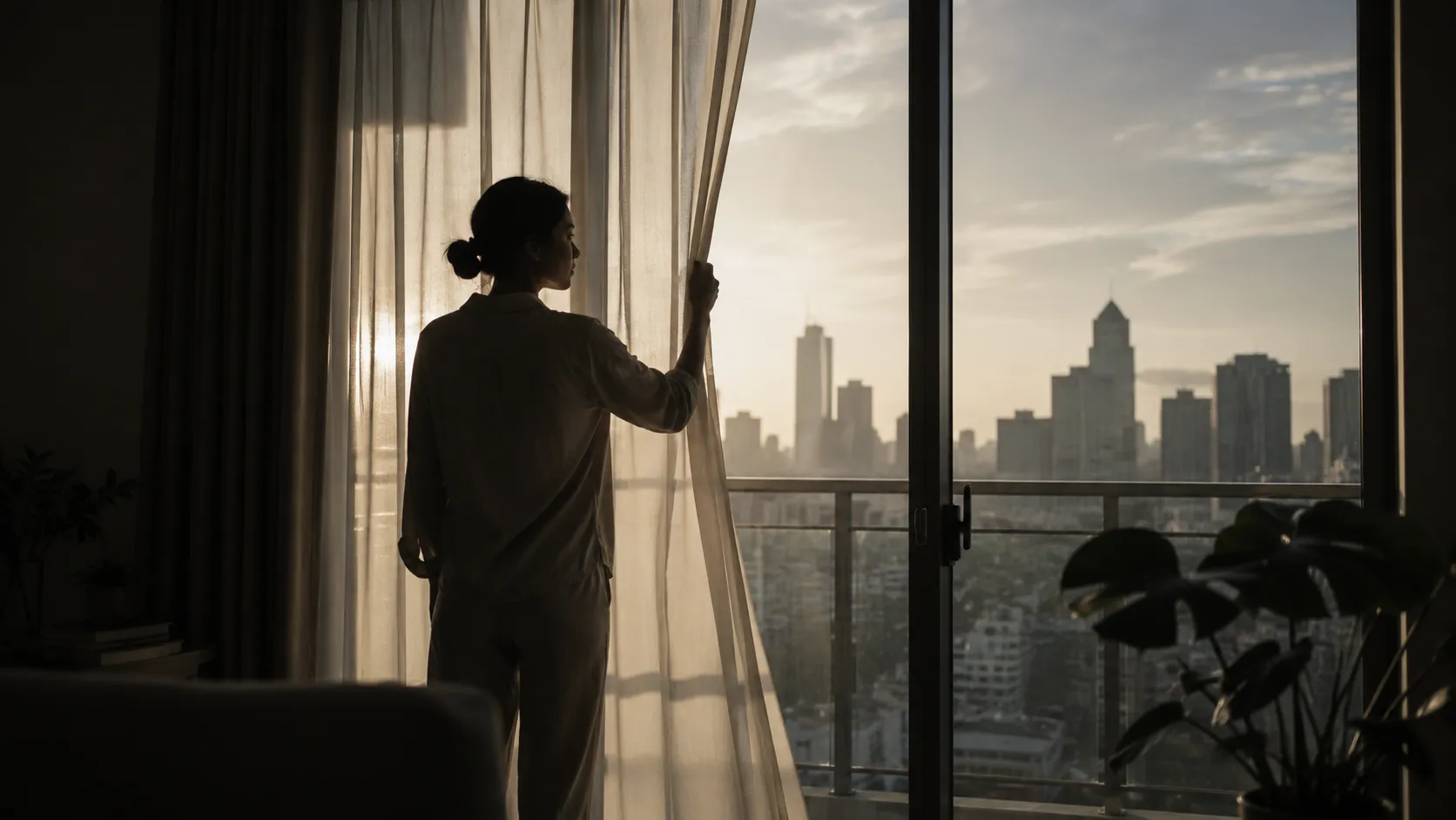 A member opening the curtains to a home skyline view at dawn