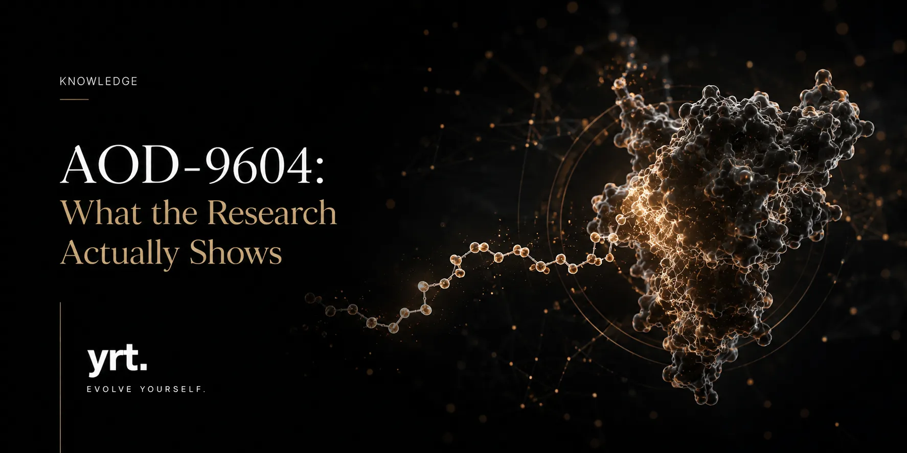 Scientific visualization of AOD-9604 represented by a peptide structure and molecular network against a dark background.